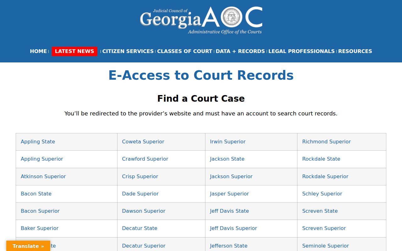 Bacon County active warrant search State and Superior e-access rows