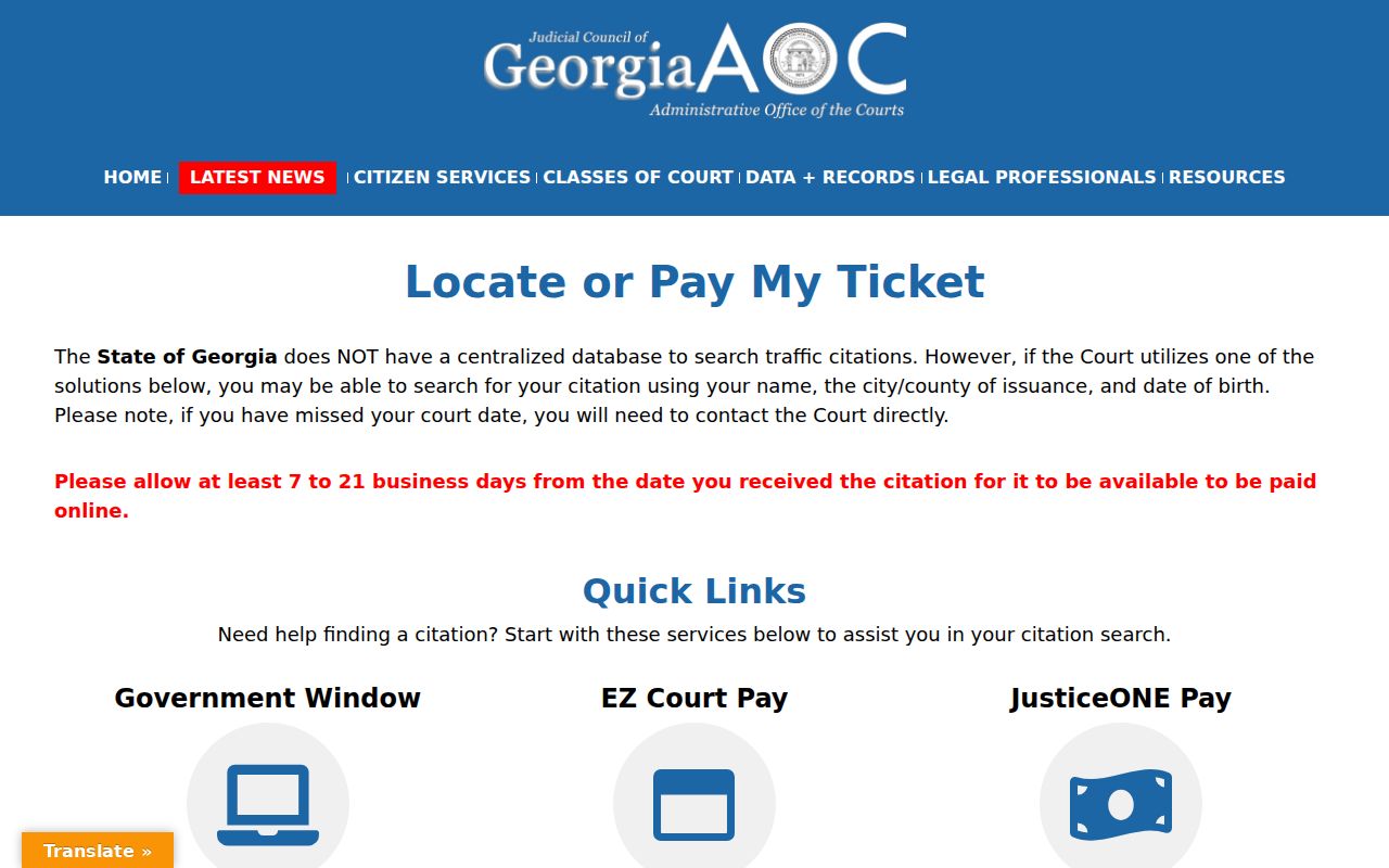 Bacon County traffic warrant citation routing page