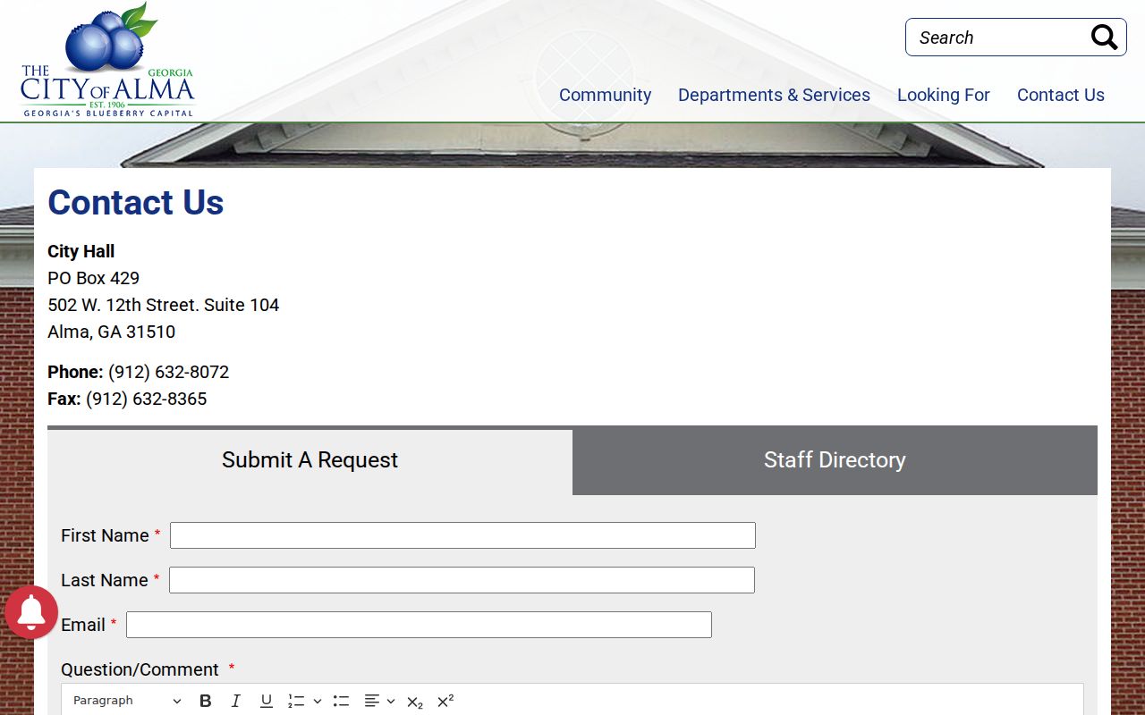 Official City of Alma contact page